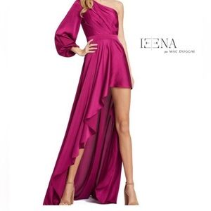 Mac Duggal High Low One Shoulder Flowy Gown in the color Berry Size 6